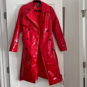 Leather patent red trench coat raincoat